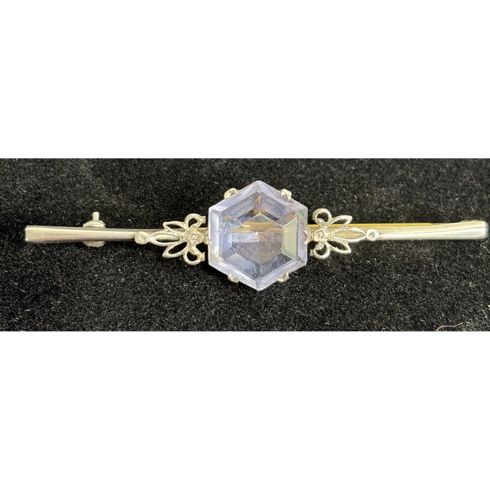 Vintage Victorian Look Silver Bar Pin With Purple Baguette Center Stone